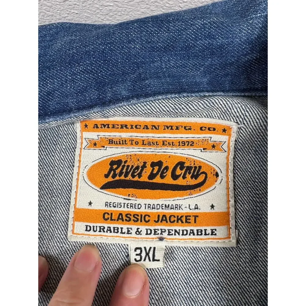 Rivet‎ de Cru Jacket Mens Size 3X Classic Trucker Denim Stitched Moto Distressed